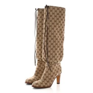 Gucci Monogram Malaga Kid Lisa Mid Heel Boots 37 Beige Ebony